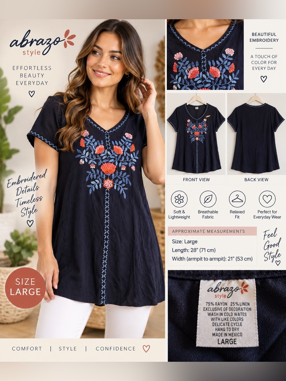 Abrazo Style Navy Embroidered V-Neck Tunic Top